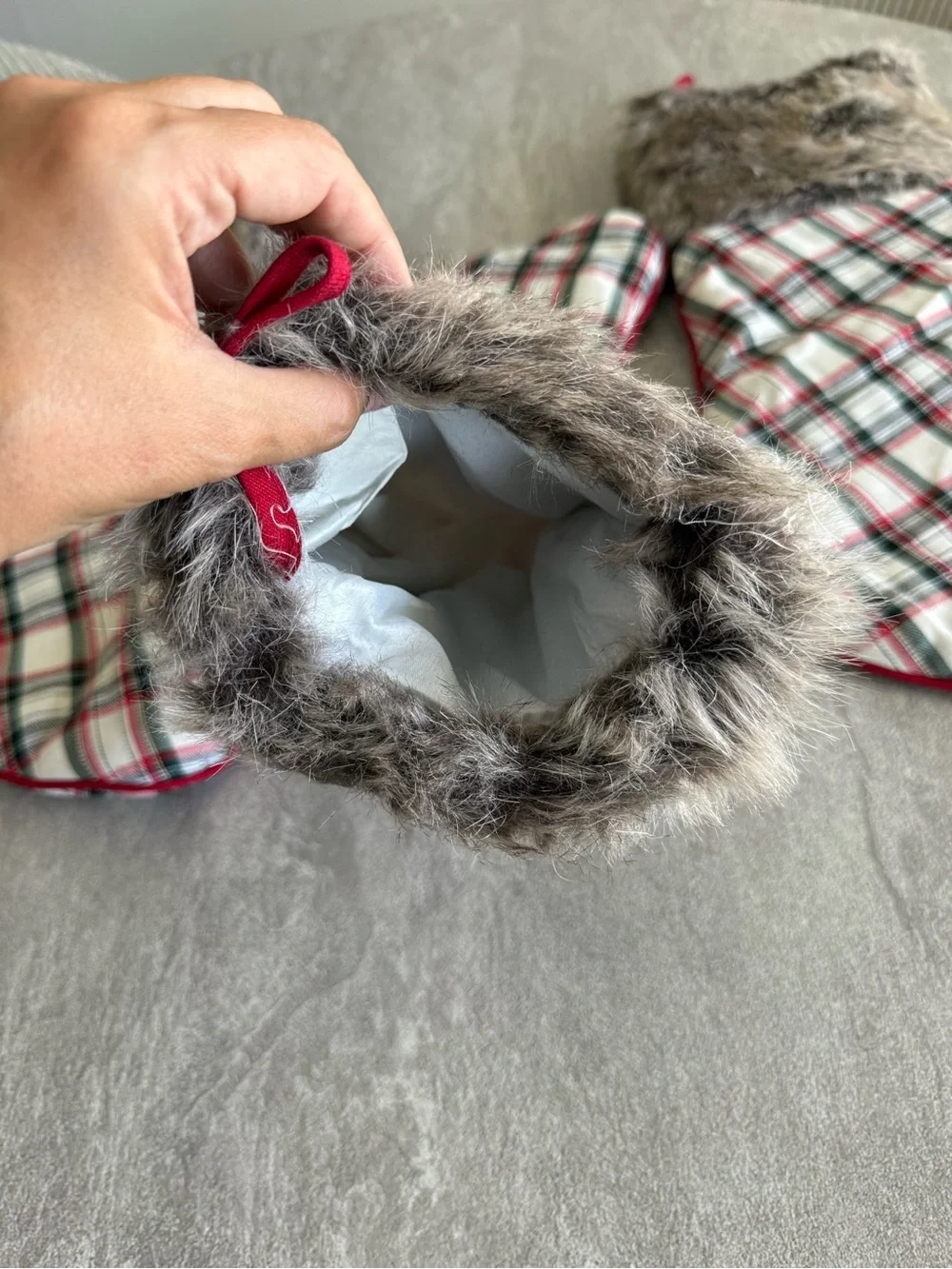 Plaid Holiday Stockings with Faux Fur Cuff - Red White Green (Set of 4)